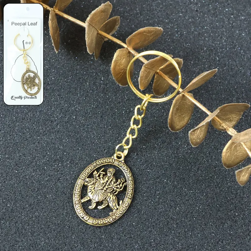 Maa Durga Oval Frame Keychain – Golden-Tone Divine Feminine Pendant 1