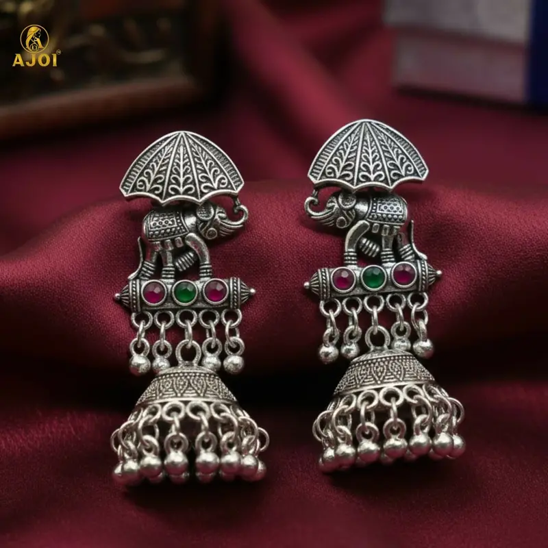 Maharaja Elephant Motif Jhumka Earrings In Oxidized Silver 1