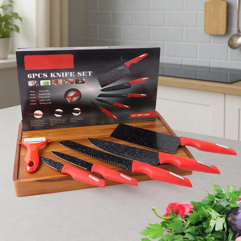 Marble-Coated Kitchen Knife Set – 6-Piece With Vibrant Red Handles 1