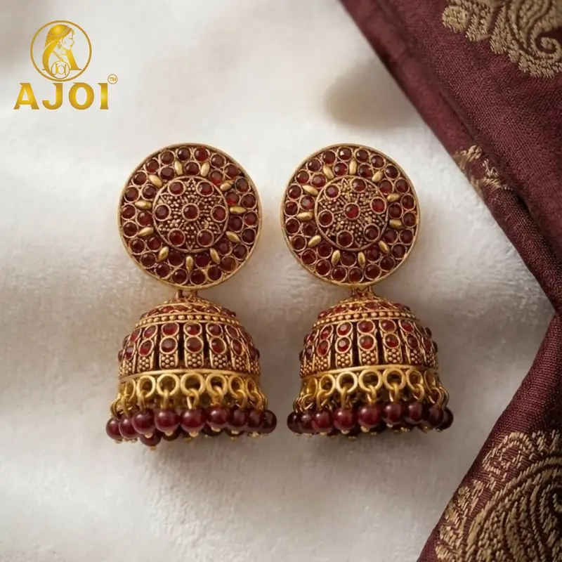 Maroon Stone Jhumka Earrings – Antique Gold Finish For Heritage Looks 1