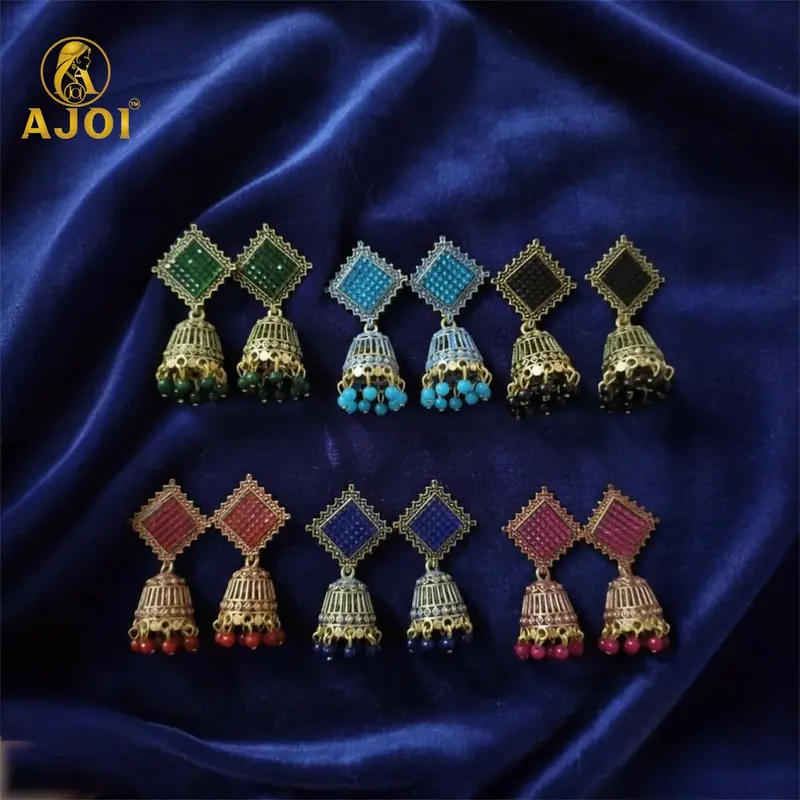 Modern Oxidized Jhumka Earrings With Geometric Square Tops – Set Of 6 1
