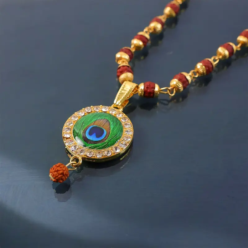 Morpich Feather Gold Pendant Paired With Traditional Rudraksha Mala 1