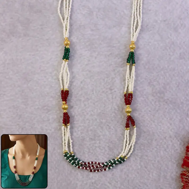 Multi-Strand Pearl Mala Necklace Featuring Red & Green Accents – Handmade Ethnic Wear 1