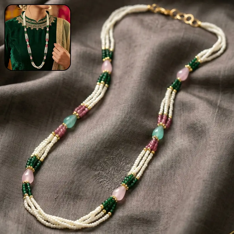 Multi-Tier Pearl Necklace With Green, Pink & Pastel Stone Embellishments 1