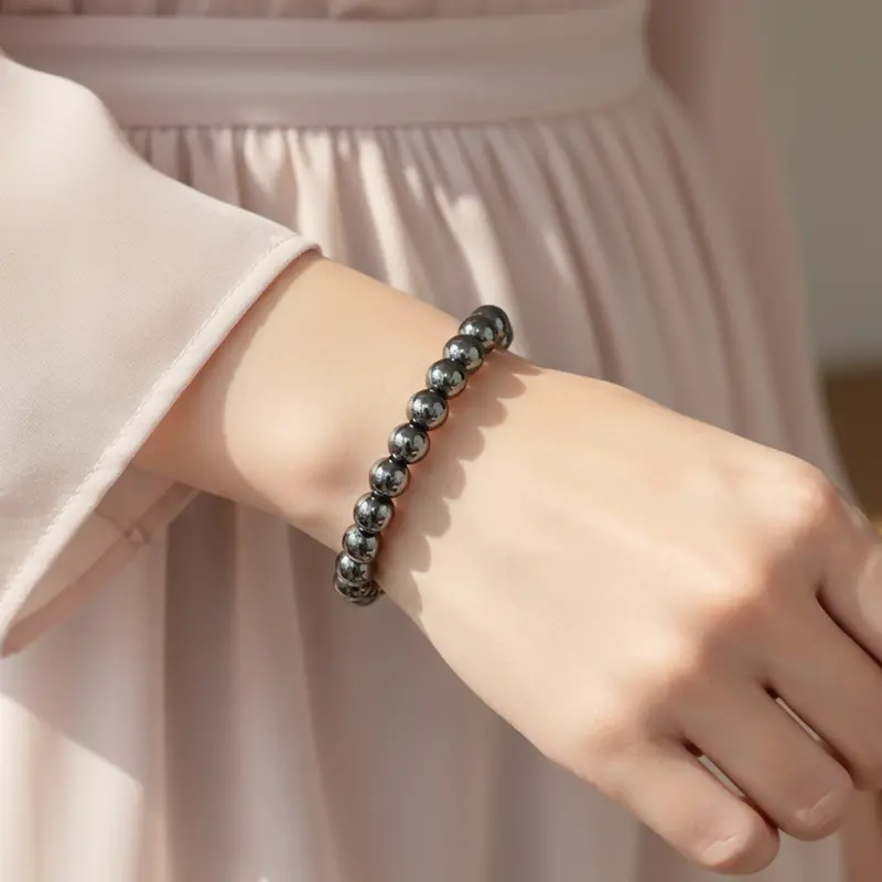Natural Black Hematite Beaded Bracelet – Smooth Round Stones 1