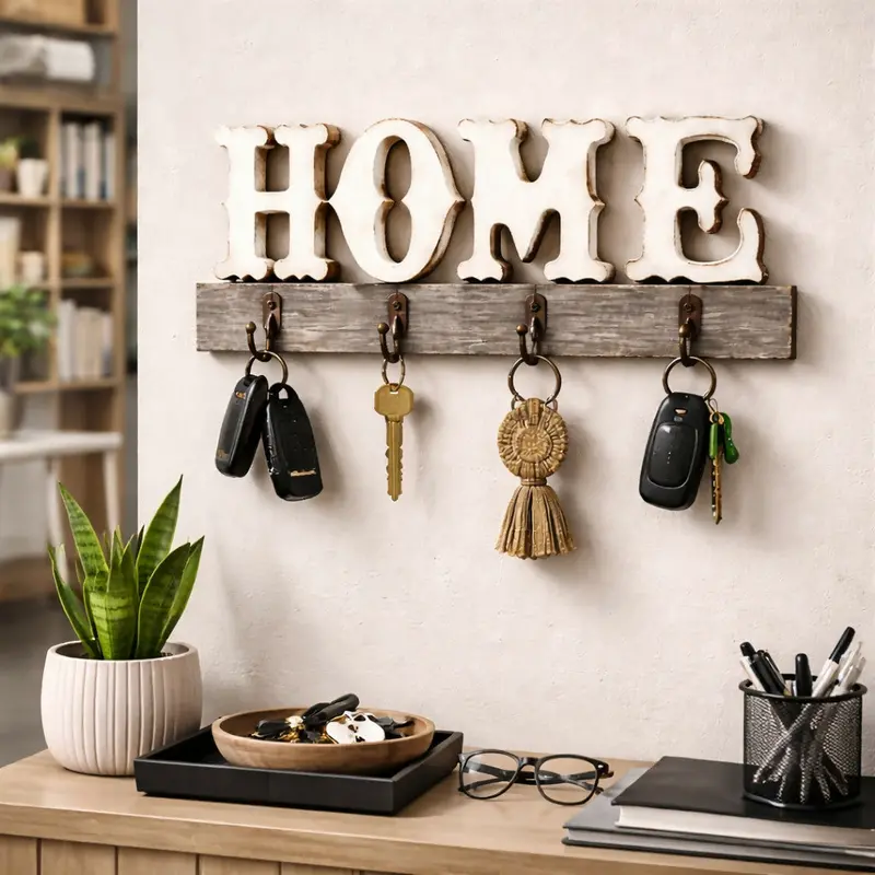 Natural Wood 'Home' Wall-Mounted Key Organizer With Hooks 1