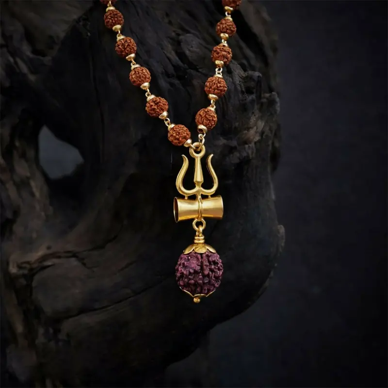 Original Rudraksha Mala Necklace – Natural Beads With Trishul-Shaped Shiva Pendant For Men 1