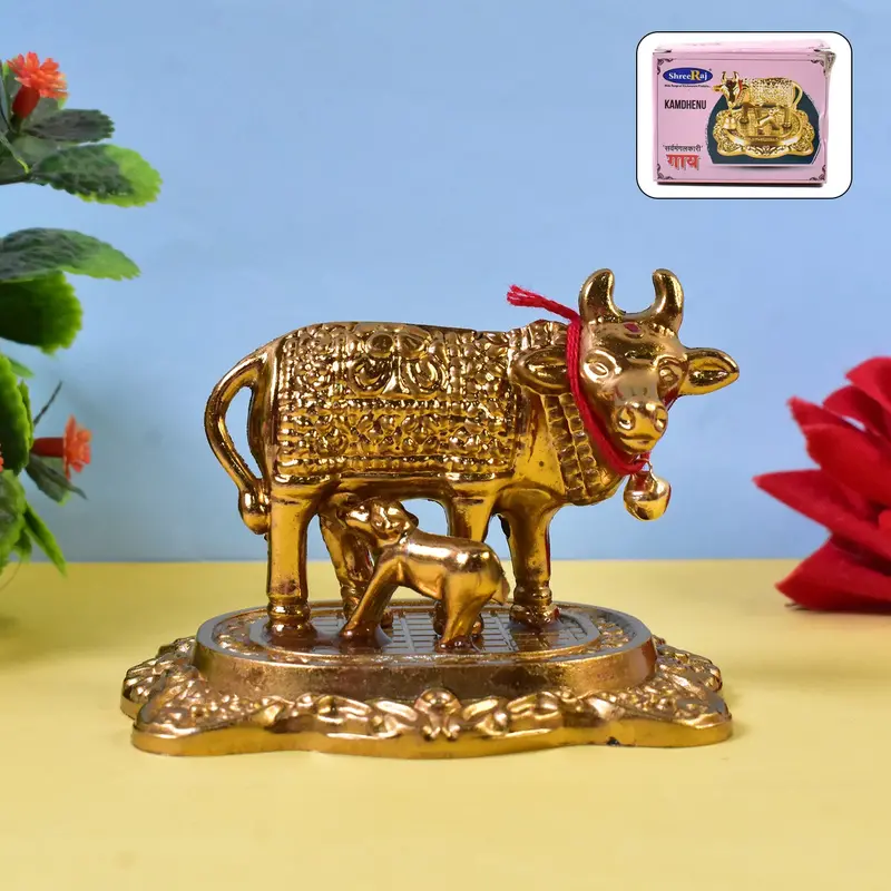 Ornamental Golden Kamdhenu Cow Statue With Calf – Handcrafted Metal 1