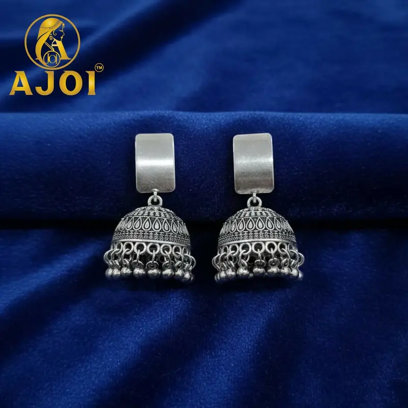 Oxidised Silver Dome Jhumkas Featuring Traditional Ghungroo Embellishments 1