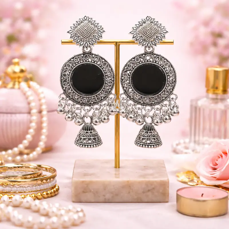 Oxidized Mirror-Embellished Jhumka Earrings – Vintage-Inspired Ethnic Jewelry 1