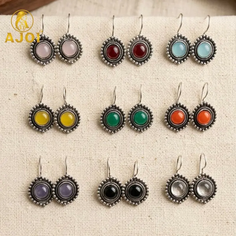 Oxidized Round Stone Earrings Collection – Hand-Finished 9-Piece Bohemian Jewelry Set 1