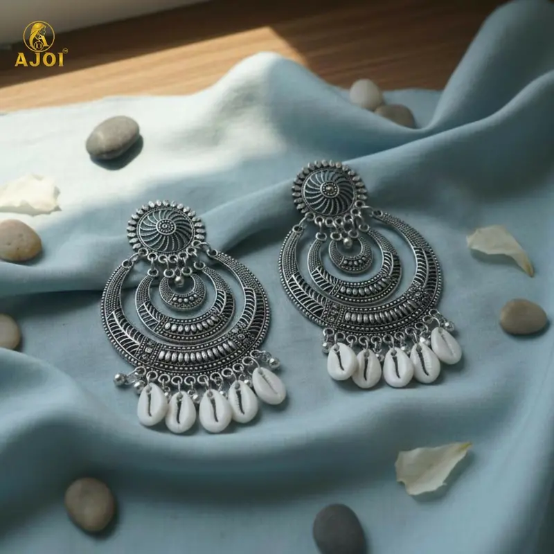 Oxidized Silver Chandbali Earrings With Cowrie Shell Tassels 1