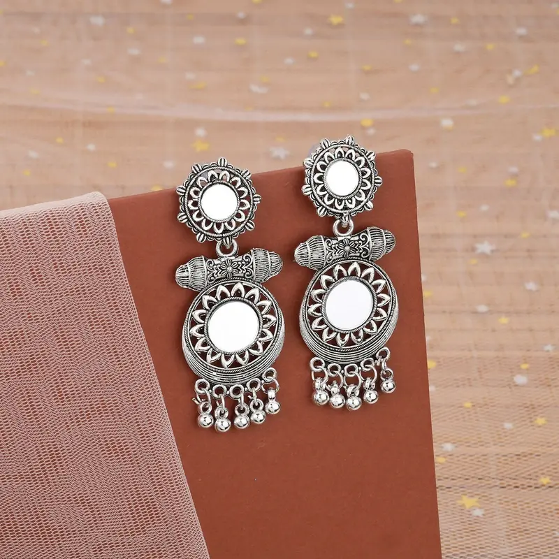 Oxidized Silver Drop Jhumkas With Mirror Embellishments 1
