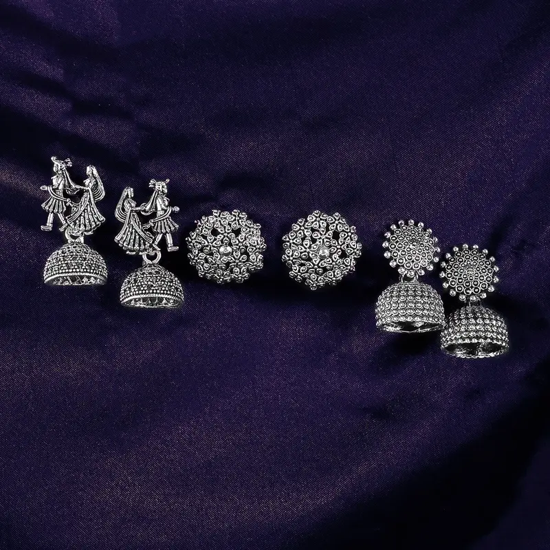 Oxidized Silver Earrings Trio With Unique Patterns 1