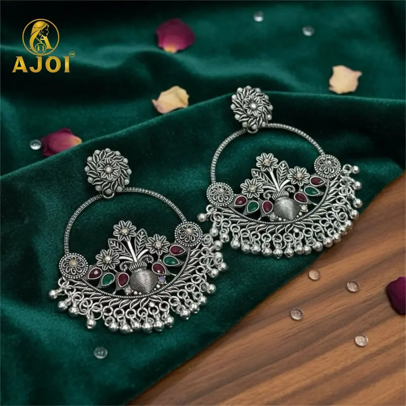 Oxidized Silver Floral Chandbali Earrings – Color Stone & Ghungroo Accent Pair 1