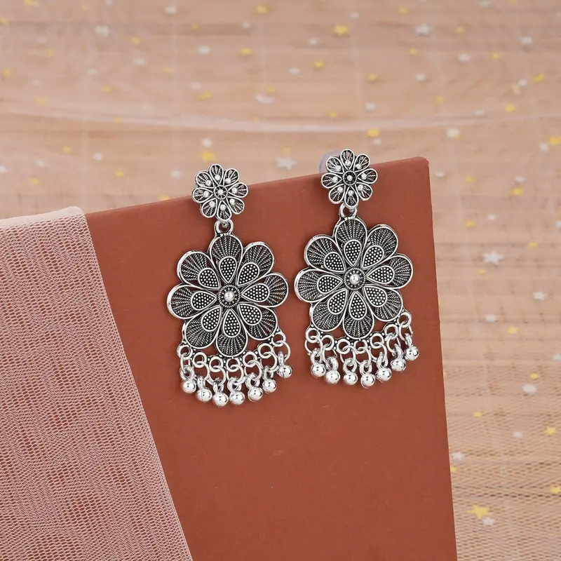 Oxidized Silver Floral Jhumka Earrings With Layered Traditional Design 1