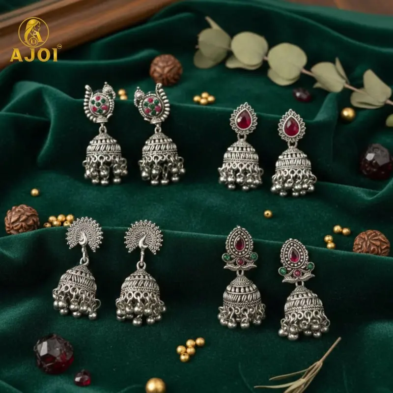 Oxidized Silver Jhumka Earring Set – 4 Stylish Pairs For Women & Girls 1