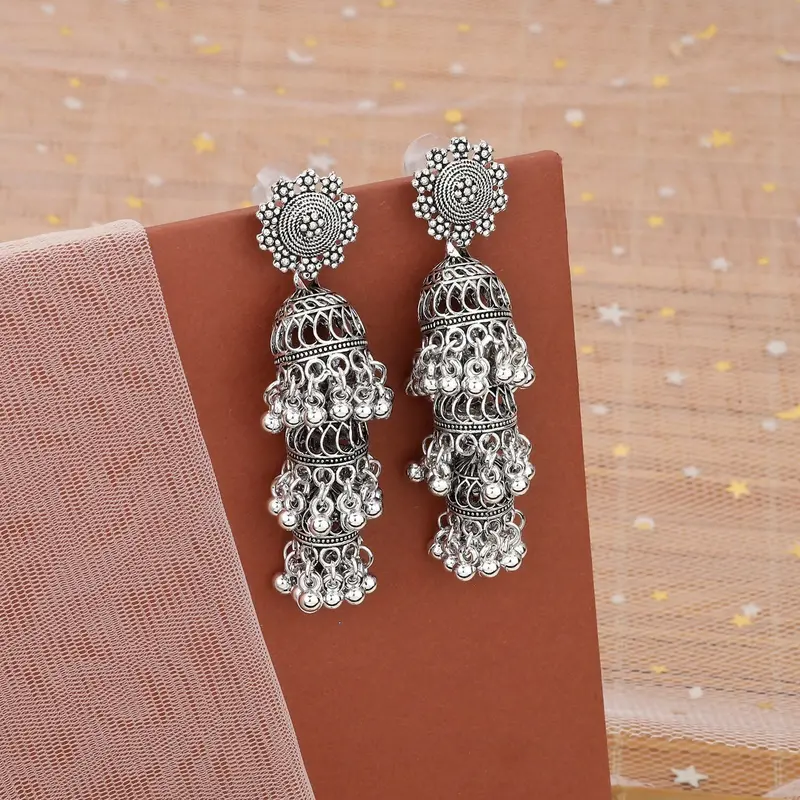 Oxidized Silver Long Layered Jhumka Earrings – Premium Handcrafted Design 1
