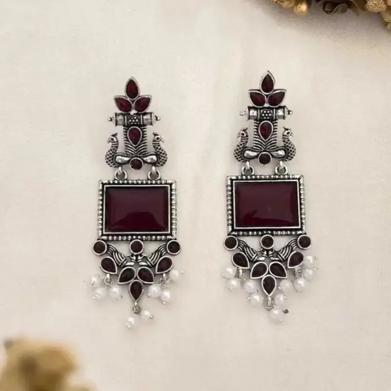 Oxidized Silver Maroon Stone & Pearl Drop Earrings – Ethnic Designer Jewelry 1