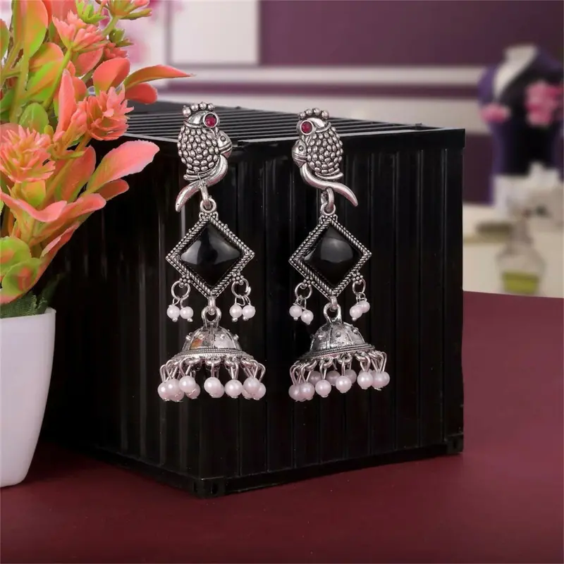 Oxidized Silver Parrot Jhumka Earrings – Black Stone Detailing & Ethnic Flair 1