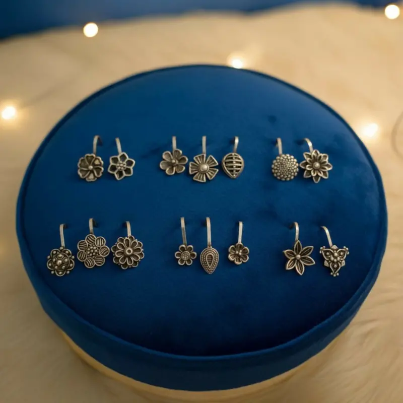 Oxidized Silver Traditional Floral Nose Pin Set – Pack Of 15 1