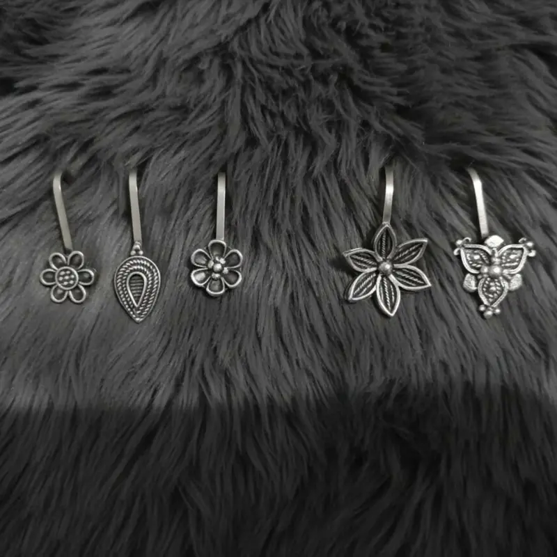 Oxidized Silver Traditional Floral Nose Pin Set – Pack Of 5 1