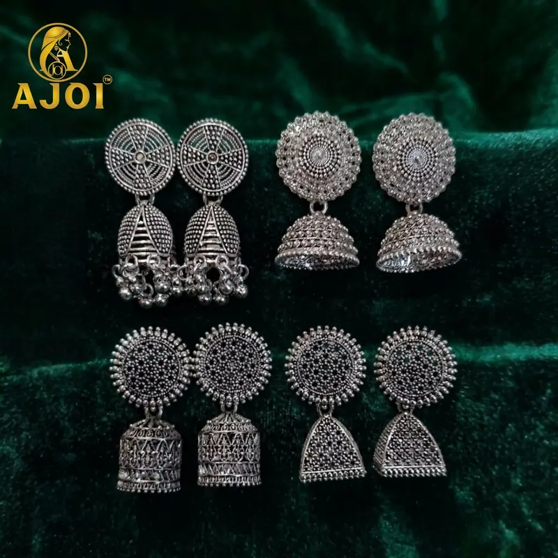 Oxidized Silver Traditional Jhumka Earrings – 4-Piece Set 1