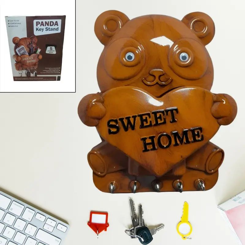 Panda-Shaped Wall-Mounted Key Holder With Five Hooks – Decorative Organizer (1 Piece) 1
