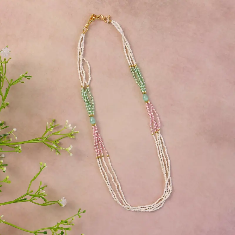 Pastel-Toned Layered Pearl Mala Necklace – Soft Green & Pink Handmade Jewelry 1