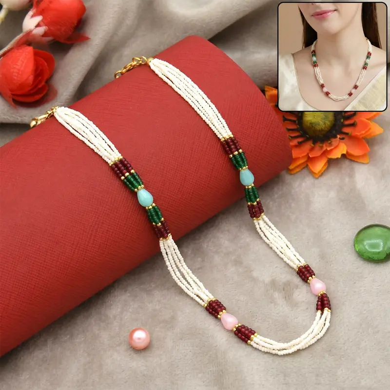 Pastel-Toned Multi-Strand Pearl Necklace With Red & Green Stones 1