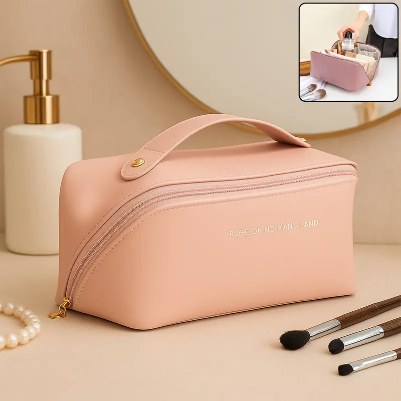 Peach-Toned Zippered Travel Toiletry Bag With Handle – Premium Organizer 1