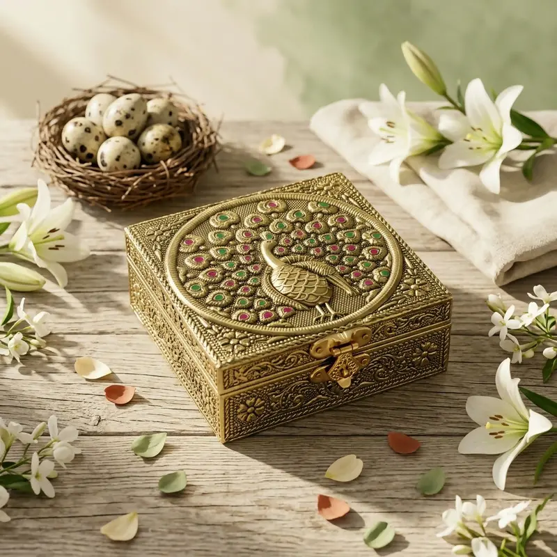 Peacock-Embossed Metallic Jewelry Organizer – Artisan-Crafted Display Box 1