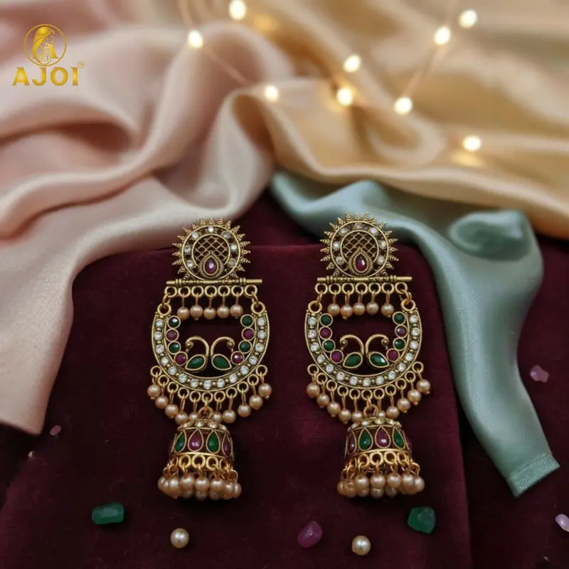 Peacock-Inspired Chandbali Jhumka Earrings In Antique Gold Finish 1