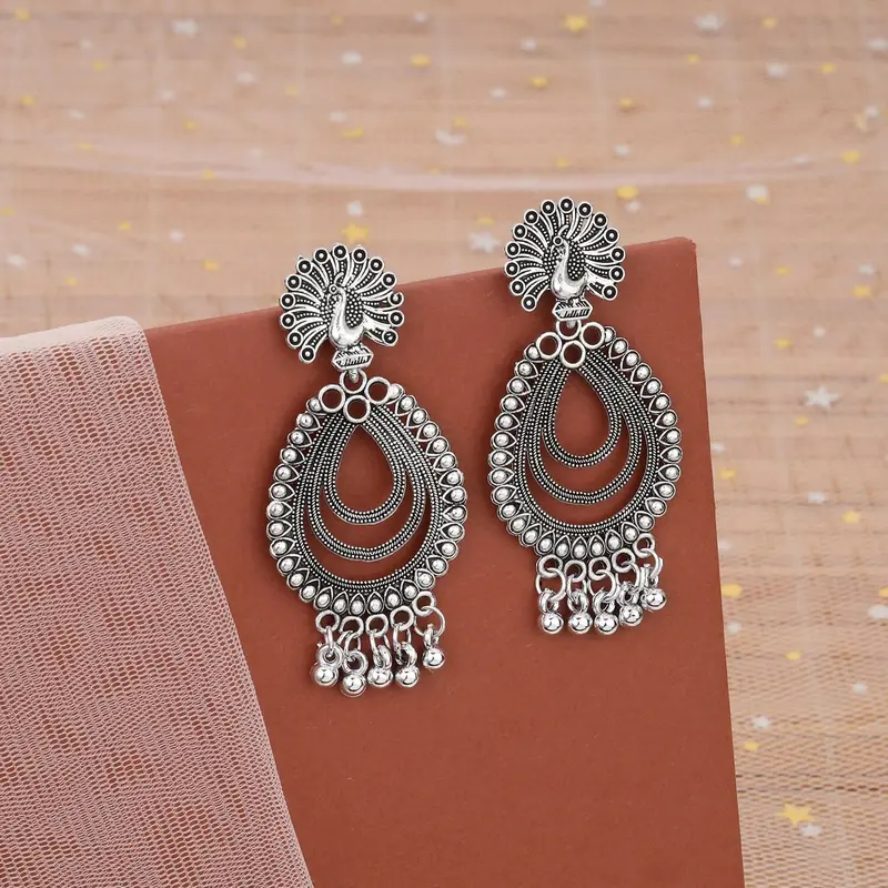 Peacock-Inspired Jhumka Earrings – Silver-Finished Traditional Ear Jewelry 1