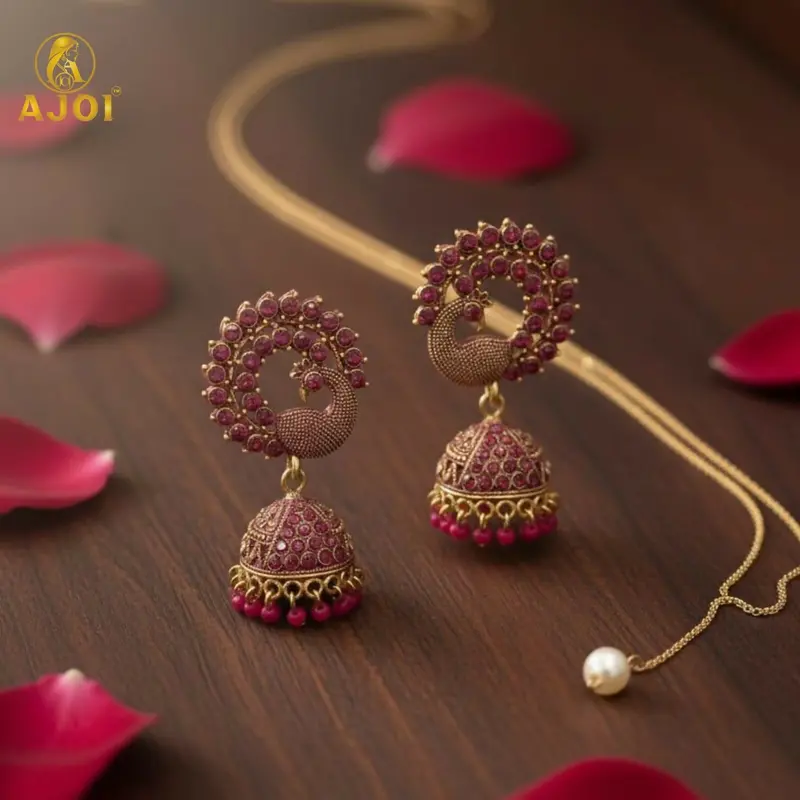 Peacock-Motif Jhumkas In Antique Gold With Ruby-Tone Stones 1
