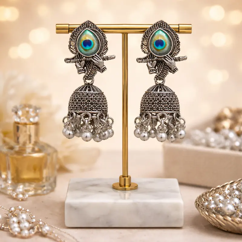 Peacock-Motif Oxidised Silver Jhumkas — Handcrafted Traditional Earrings 1