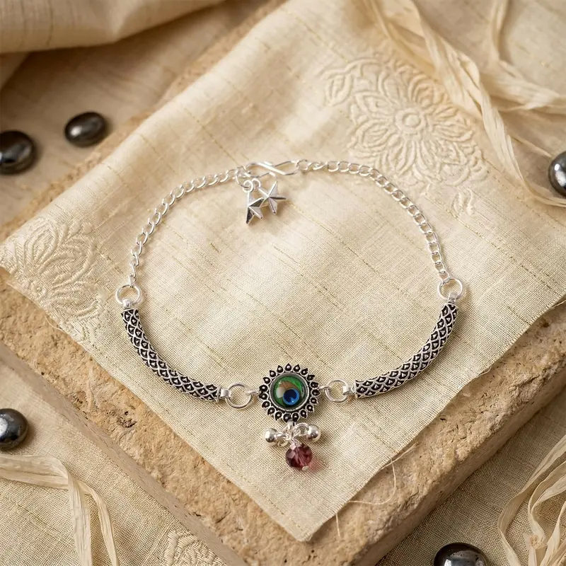 Peacock Stone Silver Charm Bracelet – Elegant Adjustable Jewelry For Women 1