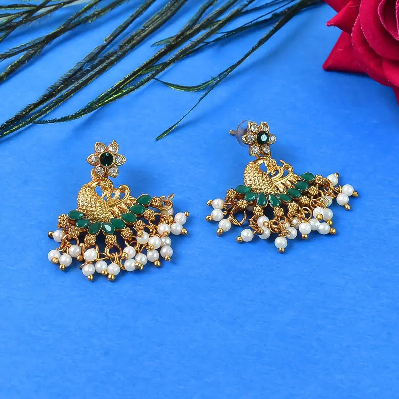Peacock-Themed Pearl & American Diamond Earrings – Handcrafted Statement Pair With Artisan Detail 1