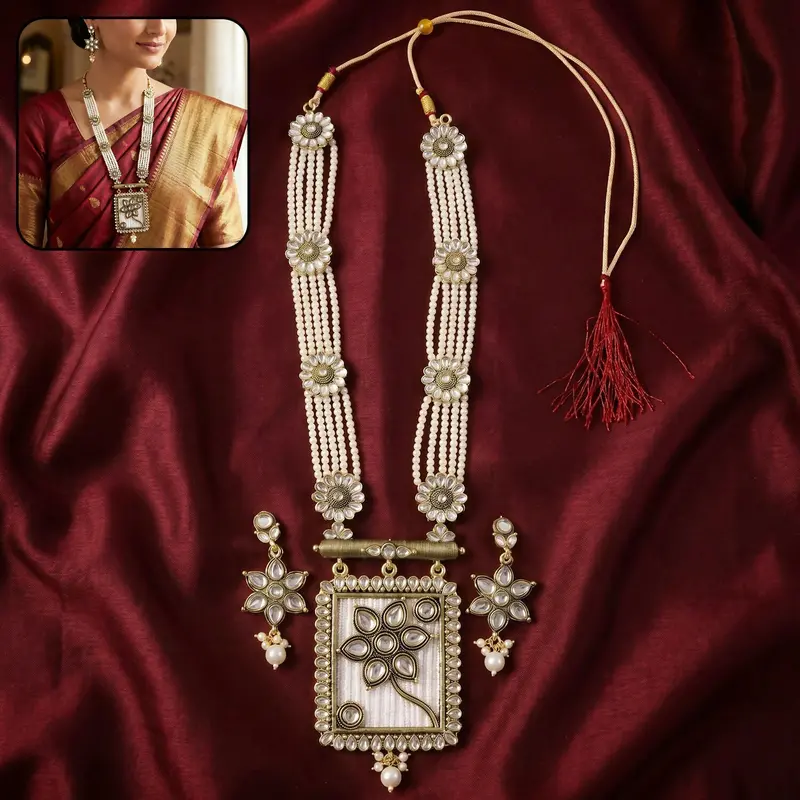 Pearl-Adorned Floral Necklace & Earring Collection – Festive Ethnic Jewelry Set 1