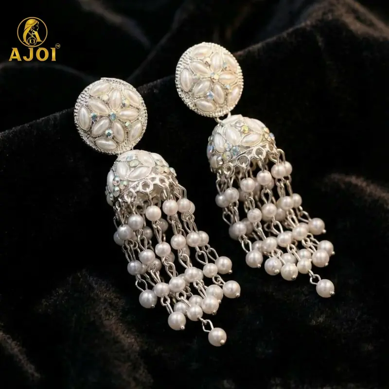 Pearl Chandelier Jhumka Earrings With Floral Studs And Cascading Drops 1