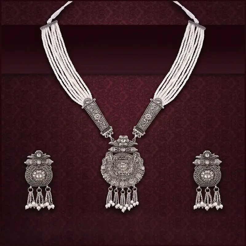 Pearl-Dangling Silver Necklace & Earring Set – Timeless Wedding And Cultural Jewelry 1