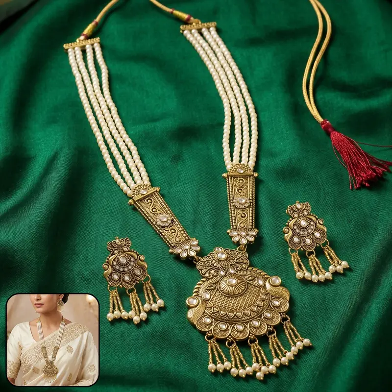 Pearl & Gold Necklace Set – Delicate Pendant With Matching Stud Earrings And Fine Filigree Work 1