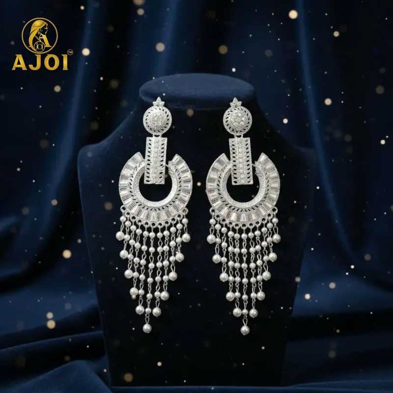 Pearl Tassel Statement Earrings – Sleek Silver-Tone Dangle Jewelry For Women 1