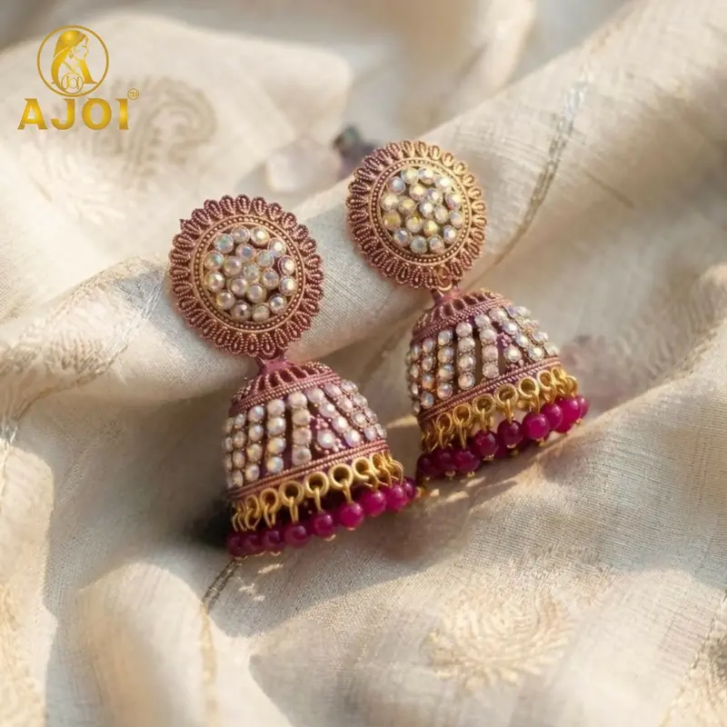 Pink Bead-Studded Pearl Jhumka – Traditional Ethnic Earrings With Feminine Flair 1