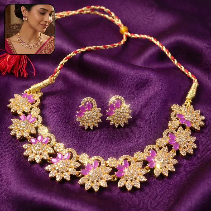 Pink Floral Festive Jewelry Set – Coordinated Necklace & Earrings For Celebrations 1