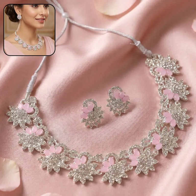 Pink Floral Necklace & Earring Set – Graceful Jewelry For Milestone Celebrations 1