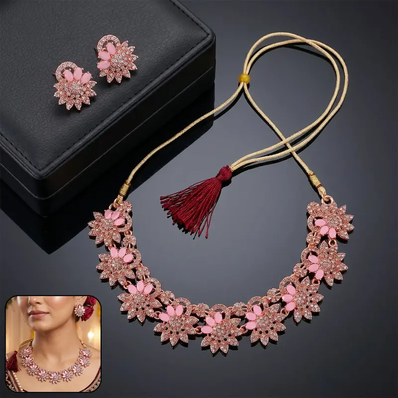 Pink Gemstone Floral Necklace & Earring Ensemble – Feminine Festive Accessory Set 1
