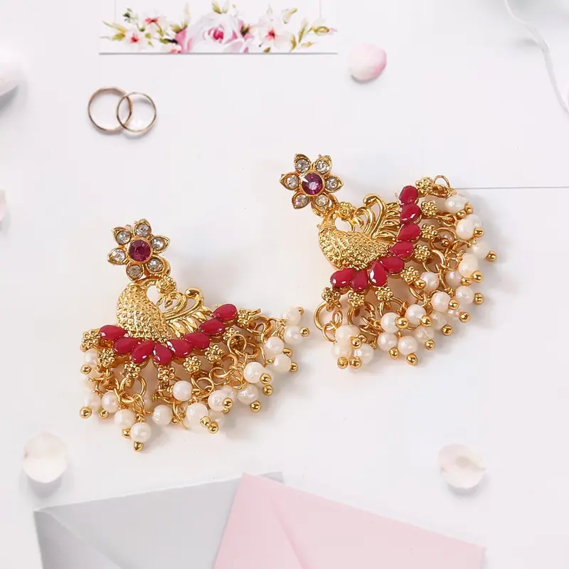 Pink Pearl Dangle Ethnic Earrings For Women 1