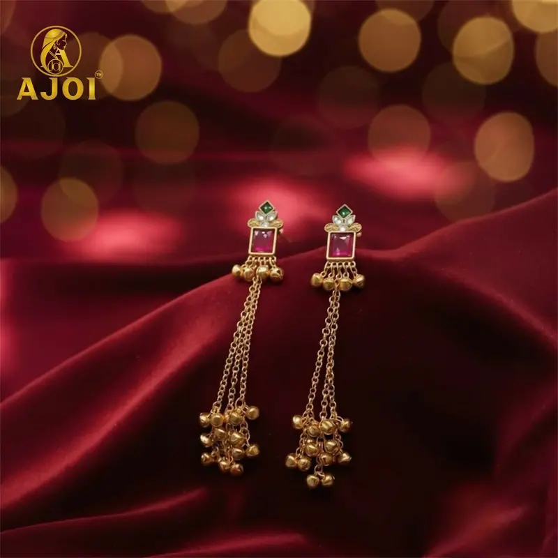Pink Stone Kashmiri Ghungroo Earrings – Elegant Long-Chain Ethnic Danglers 1