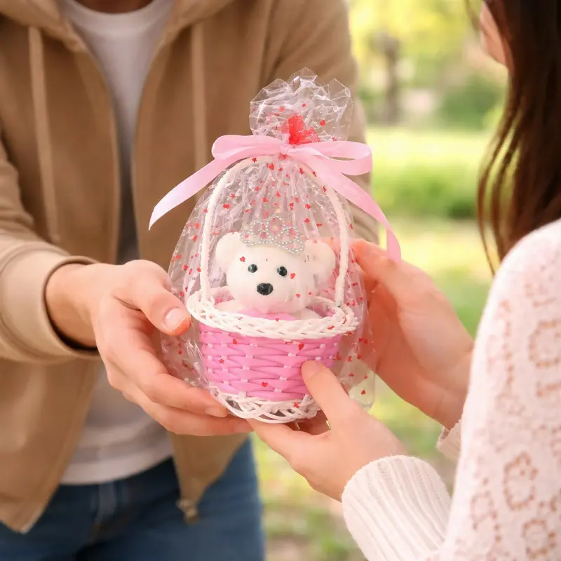 Pink Teddy Bear Gift Basket – Crowned Decorative Set With Festive Wrap 1